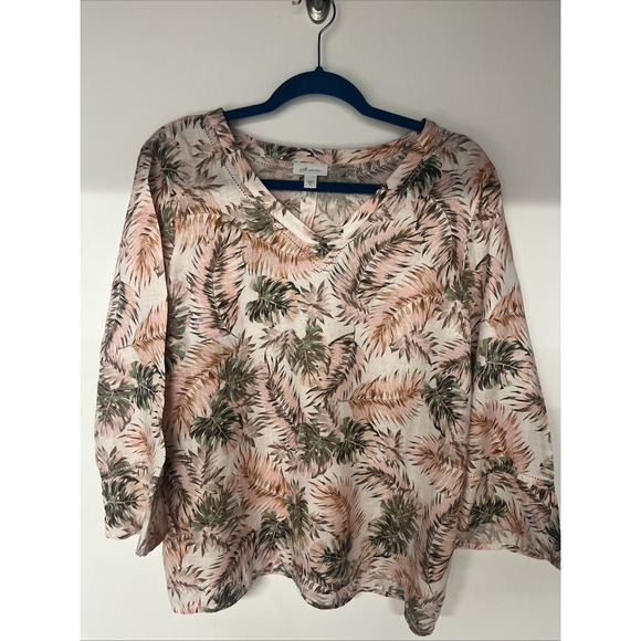J. Jill Tops - J Jill Love Linen Top Womens M Pink Tropical Palm Print V Neck 100% Linen